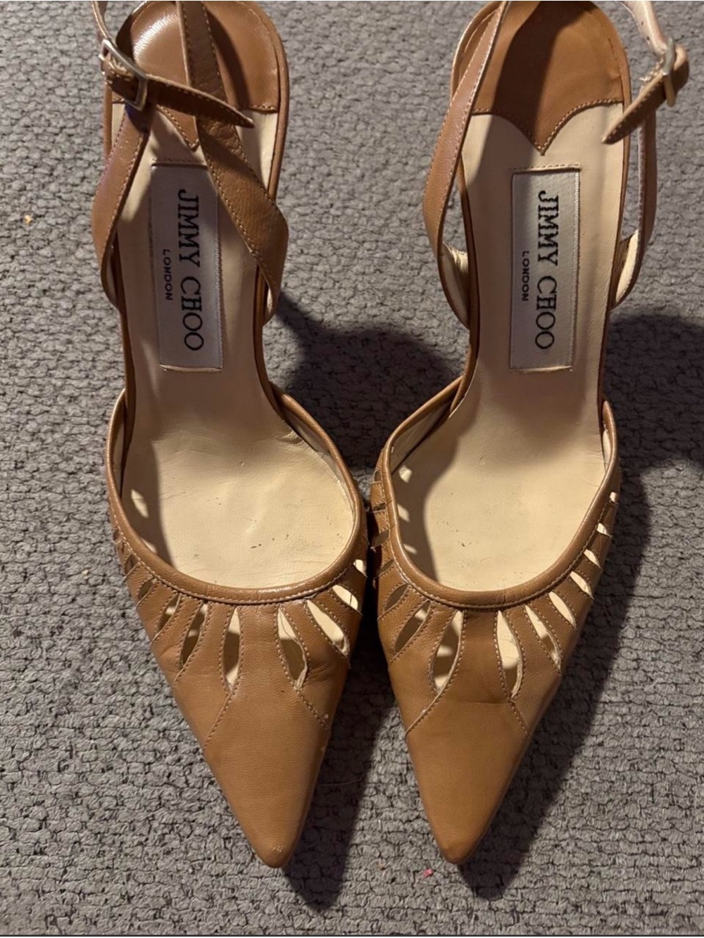 Jimmy Choo Tan Leather Cutout Pointed Slingback Heels